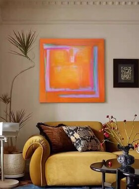 手绘油画中古f奶油风装饰画客厅轻奢高级感餐橙色系沙发背景墙挂