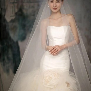 头纱新娘主婚纱高级感高清长头纱摄影拍照造型韩式白色轻头饰领证