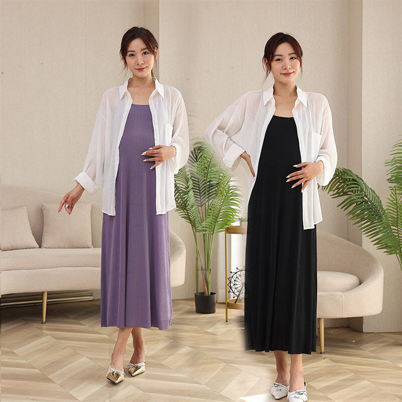夏季套装衣服2024春款孕妇装遮肚子连衣裙早孕期大W码胖妹妹吊带