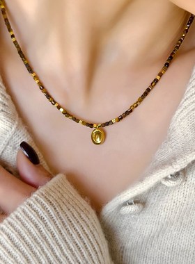 小众复古虎眼石项链女方糖珠轻奢天然石串珠链子气质锁骨链配饰品