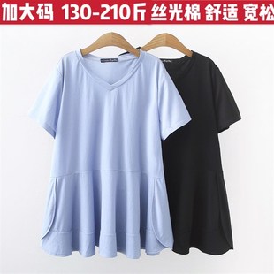 夏装 t恤胖MM大码 韩版 短袖 遮肚子不显怀上衣200斤 宽松中长款 孕妇装