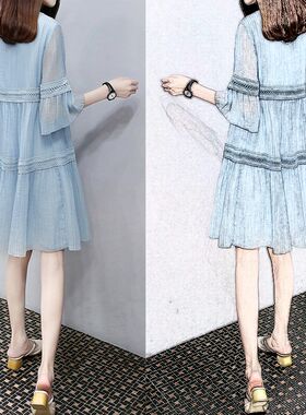 2024时尚外出宽n松显瘦产后雪纺喂奶裙子哺乳连衣裙母乳喂奶衣女
