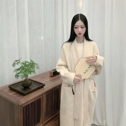 素衫复古慵懒风中长款加厚开衫毛呢外套女浴袍冬季保X暖毛衣针织