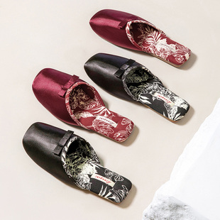 高级感缎面新中式棉拖鞋女防滑轻声轻便牛筋底软底室内居家鞋四季