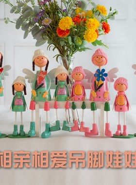 田园风吊脚娃娃一家四口创意礼品家居装饰木质工U艺品隔板装饰品