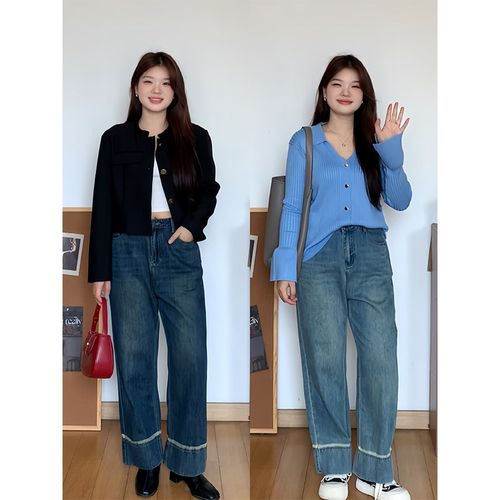 微胖的喵喵 大码梨形mm秋季显瘦宽松休闲百搭直筒牛仔裤子女 5470