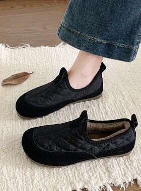 34码加绒e女鞋冬季一脚蹬保暖妈妈豆豆棉鞋久站不累脚黑色工作鞋