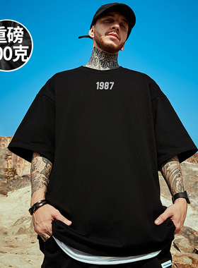 300g重磅美式加肥加大短袖t恤街头大J码黑色圆领纯棉简约半袖男潮
