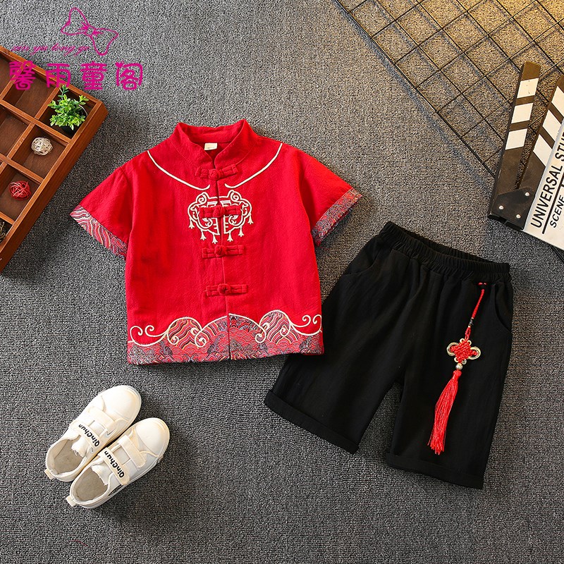 男童唐装汉服夏装套装男宝宝短袖一周岁J礼服薄款改良小男孩两件