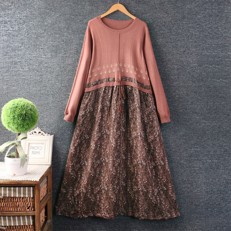 秋装新款女装日系甜美圆领针织拼接棉H麻长袖连衣裙碎花长裙宽松