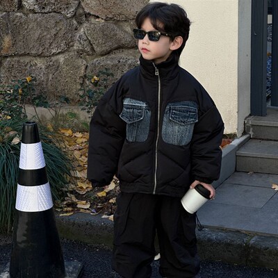 男童羽绒服e儿童冬季保暖百搭外套男孩2023新款加厚拼接牛仔羽绒