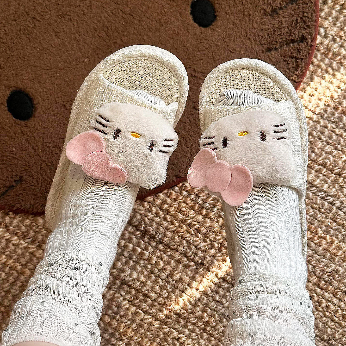 猫咪亚麻拖鞋女款家用棉麻拖鞋室内家居拖鞋可外穿厚底防滑一字拖