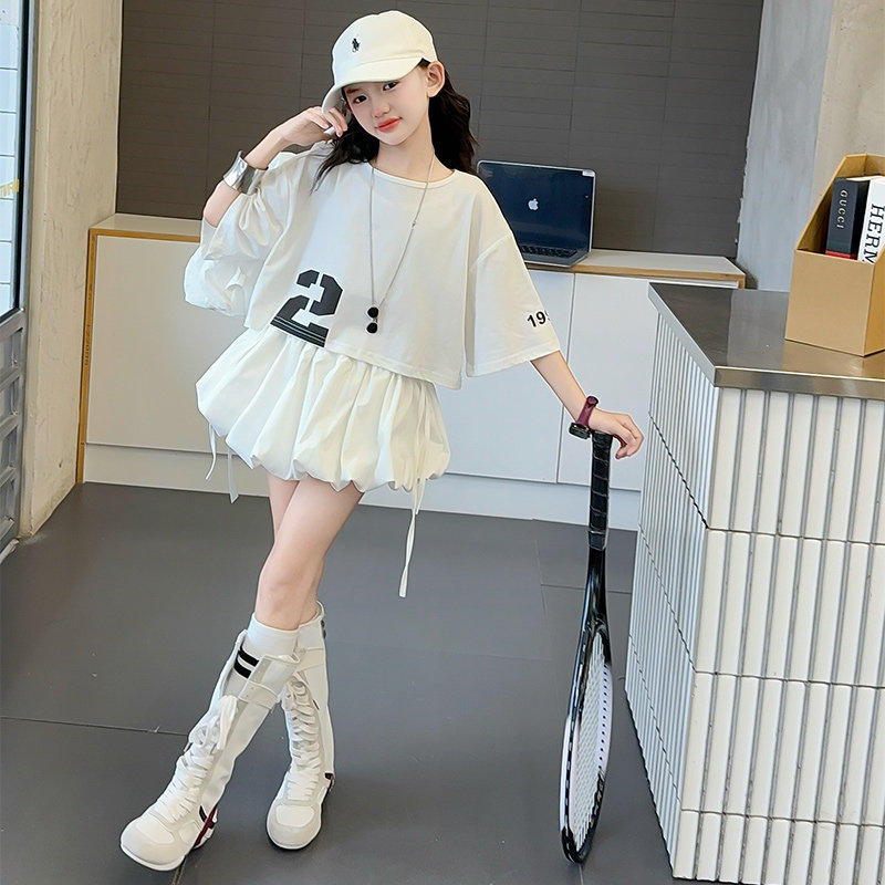 潮酷女童夏装套装2026新款儿童夏款短袖女孩花苞裙子两件套中大童