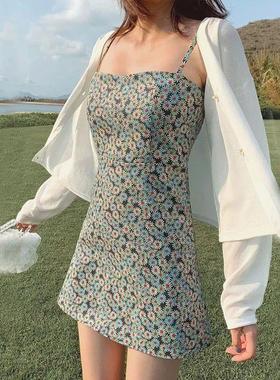 Sexy U-Neck Straps Backless Print Mini Dress Summer Sleevele