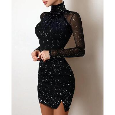 高领针织紧身裙 Glitter Split Hem Contrast Mesh Bodycon Dress