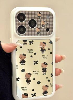 小香风镜面喝咖啡黑裙猫咪适用于iphone17promax苹果16手机壳15pr