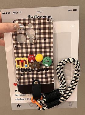 【高品质】黑色格子趣味M豆适用苹果15promax手机壳14pro小众13/12