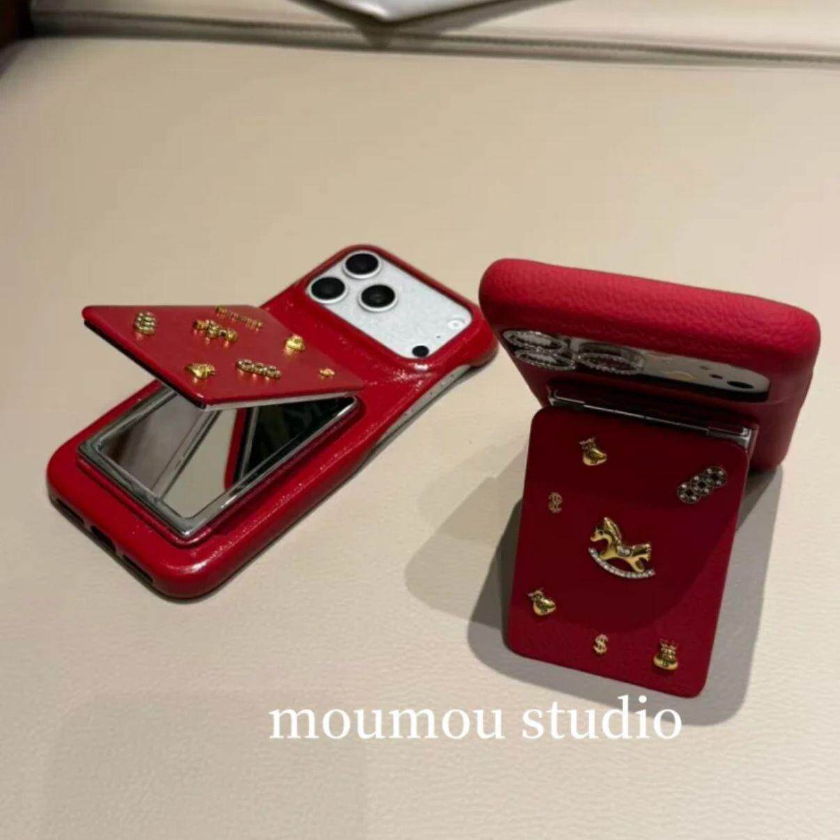 红色皮质金币福袋马适用于iPhone17手机壳苹果16pro女15补妆镜14