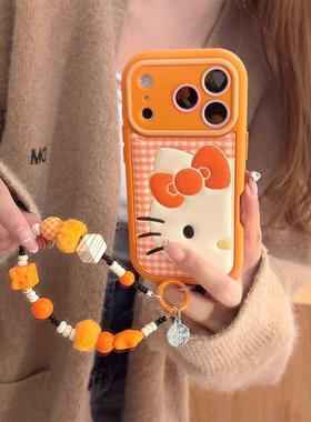 时尚星宇橙色格纹半脸Kitty猫适用iPhone17promax苹果14手机壳16