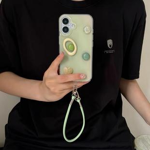 立体奶油浅绿色宝石适用于iPhone16手机壳苹果15挂绳14腕带13女款