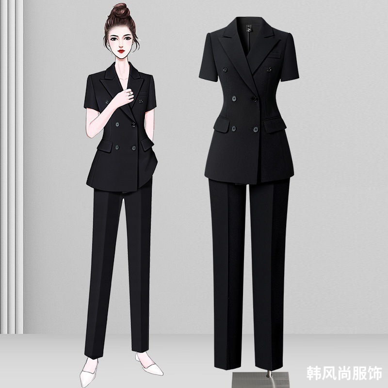 日本品质黑色短袖西装套装女夏薄款时尚气质高级感职场面试通勤职