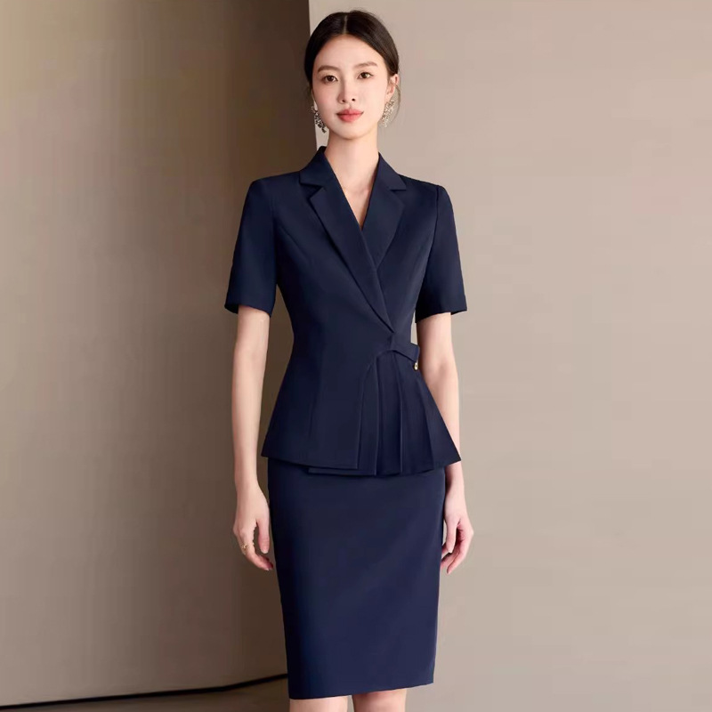 日本品质夏季短袖藏青色设计感职业女裙套装修身显瘦售楼部接待工