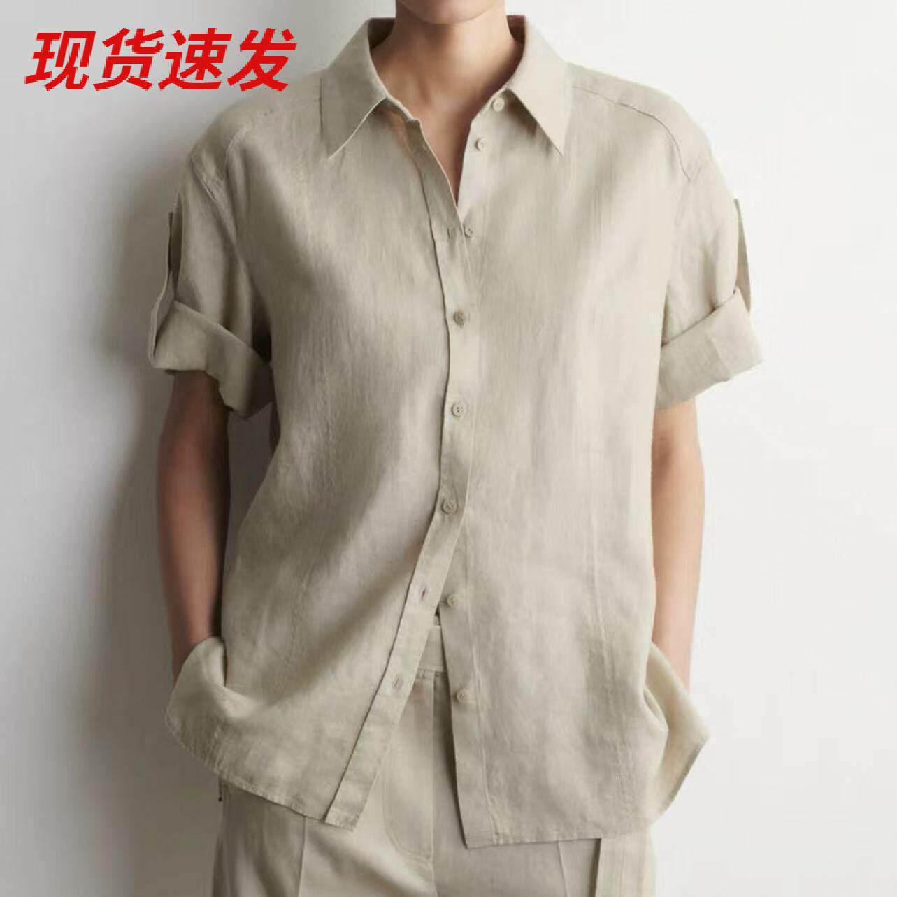 CS女装休闲版型翻领短袖亚麻衬衫