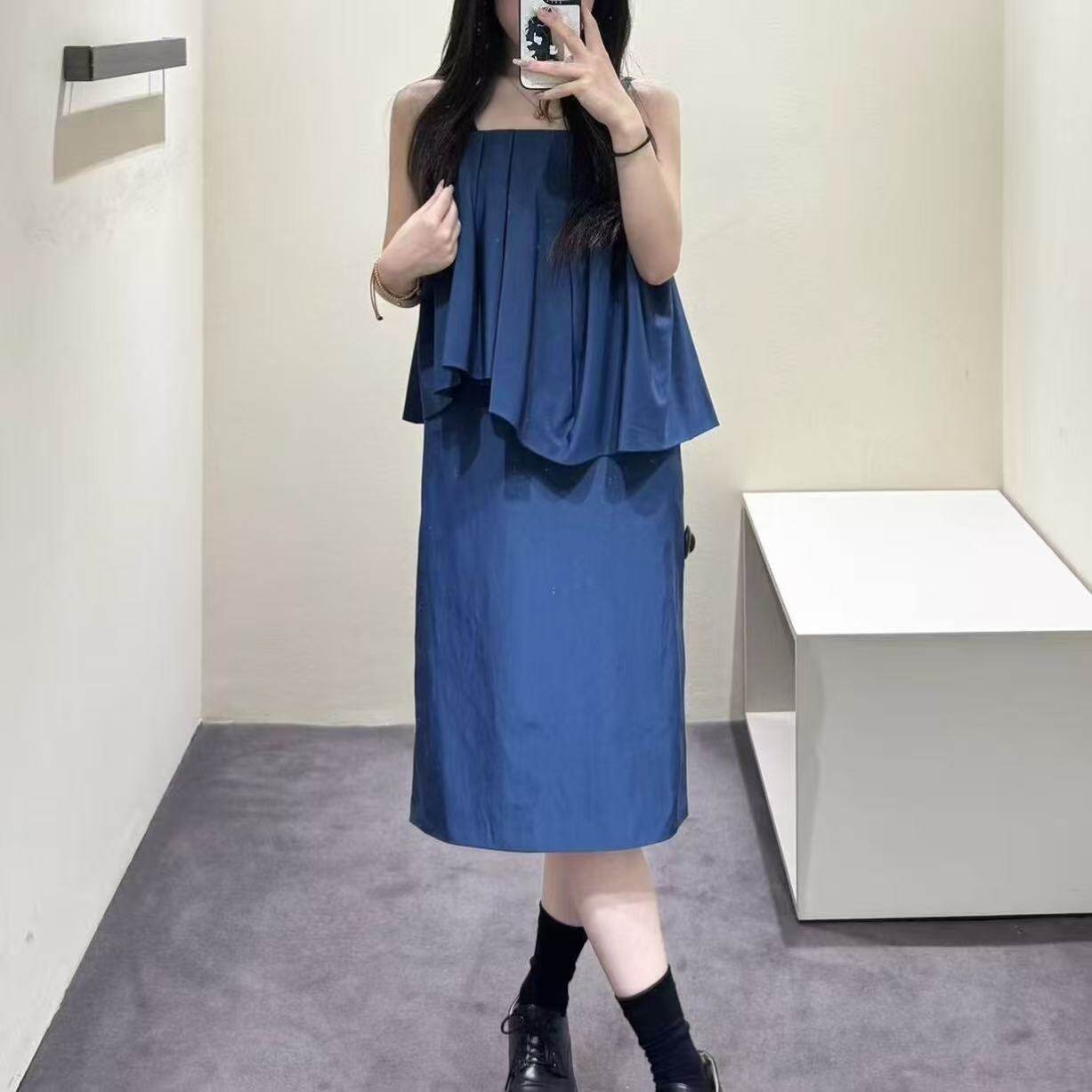 CS女装捏褶分层抹胸吊带裙中长