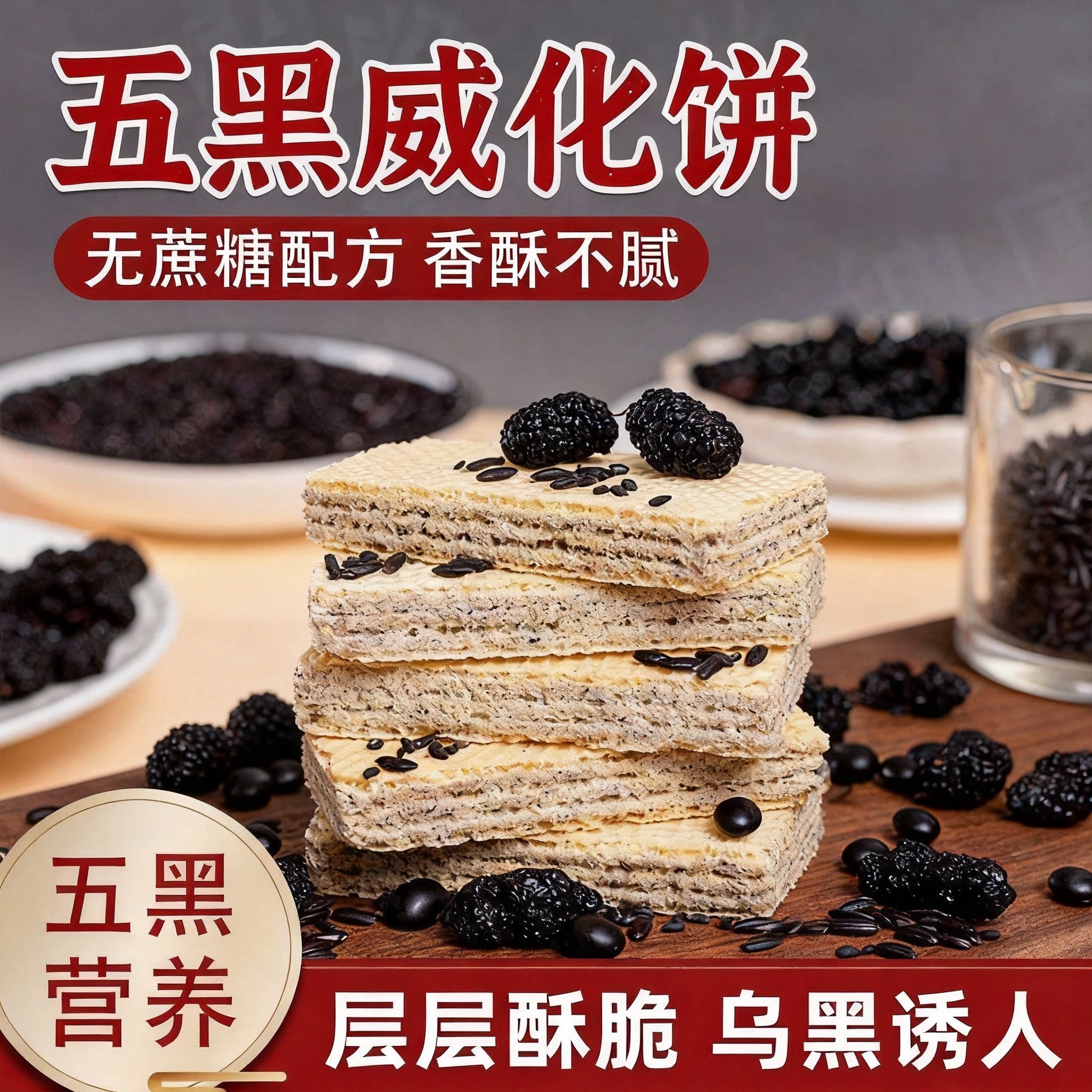 五黑威化饼干酥脆多层口感浓郁五谷香气代餐饱腹网红休闲解馋零食
