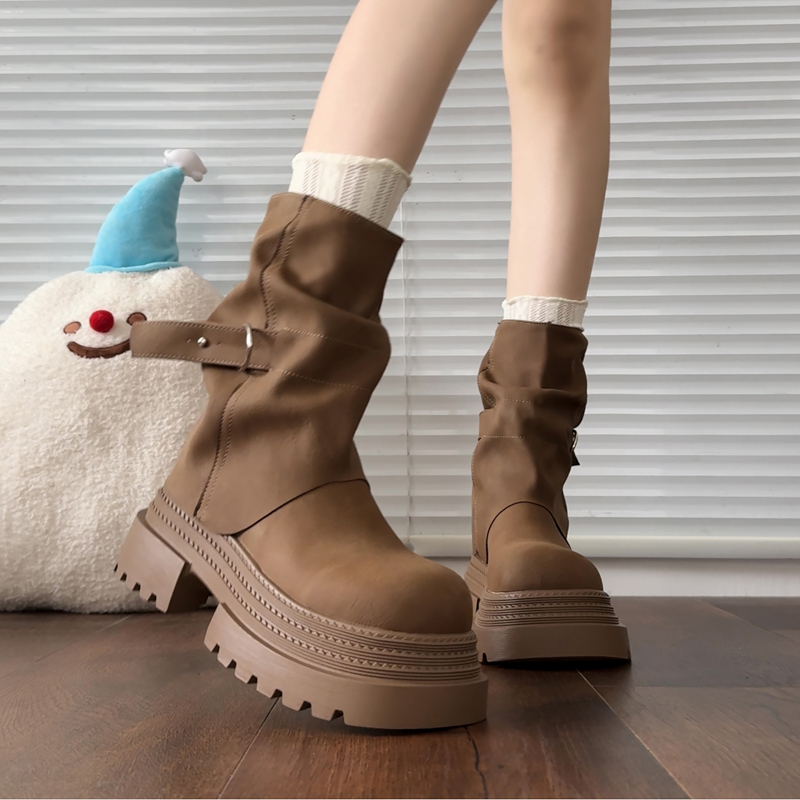 美拉德风皮带扣骑士靴女厚底短靴棕色马丁靴增高裤管靴