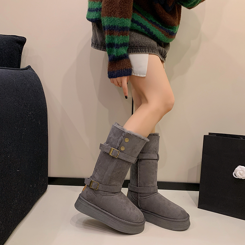 厚底增高雪地靴女2025新款加绒保暖皮带扣长筒靴东北棉靴加厚高筒