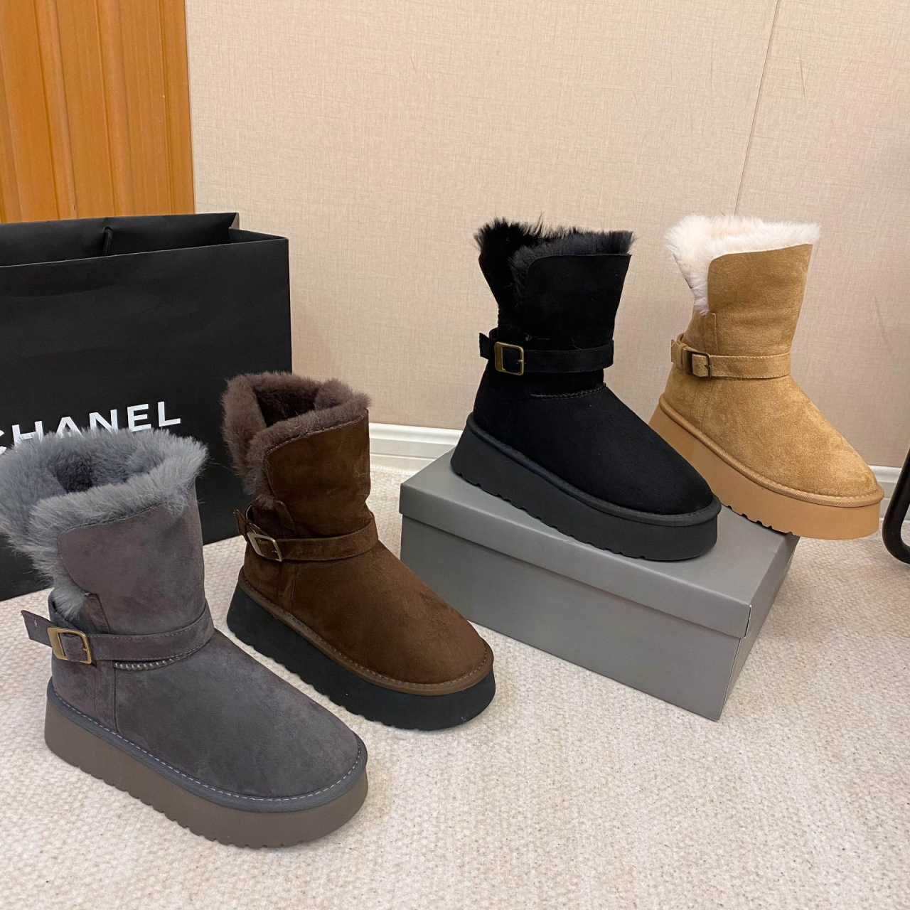 新款小个子厚底雪地靴女冬季毛毛中筒靴加厚加绒保暖皮带扣棉鞋