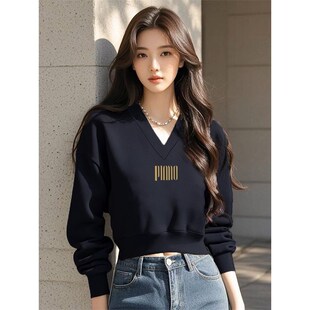 V领套头短款卫衣女加绒加厚长袖黑色上衣高腰显瘦小个子春秋薄款