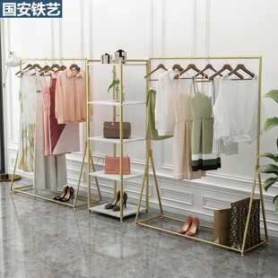 高档服装店展示架金色t服装架落地F式货架挂衣架衣服架子铁艺加