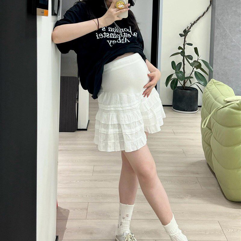 孕妇半身裙春夏季芭蕾风高腰褶皱短裙夏天A字蕾丝蛋糕裙孕妇套装