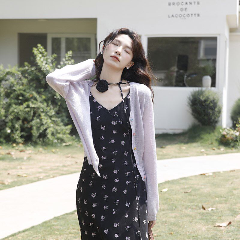 紫色彩扣防晒针织开衫女薄款夏季配吊带裙外搭短款披肩长袖空调衫