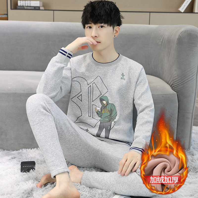 冬季男士保暖内衣加绒o加厚套装青少年学生圆领内搭衣纯棉秋衣卫