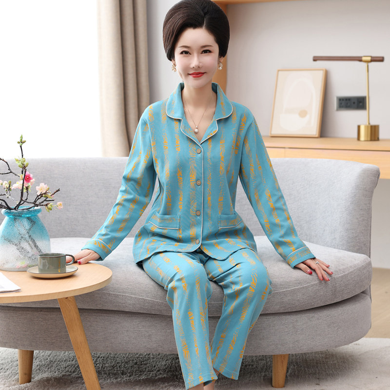睡衣女秋冬季纯棉开衫韩版中老年妈妈款套装中年长袖X裤春秋家居