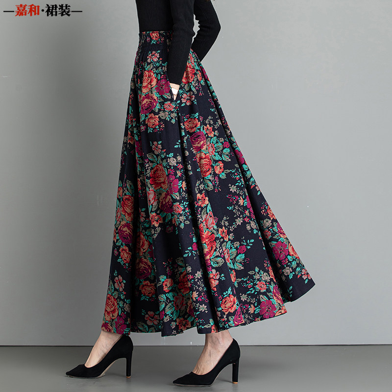 2025春秋民族风复古印花棉麻半身裙长款高腰a字裙大码仙女长裙子