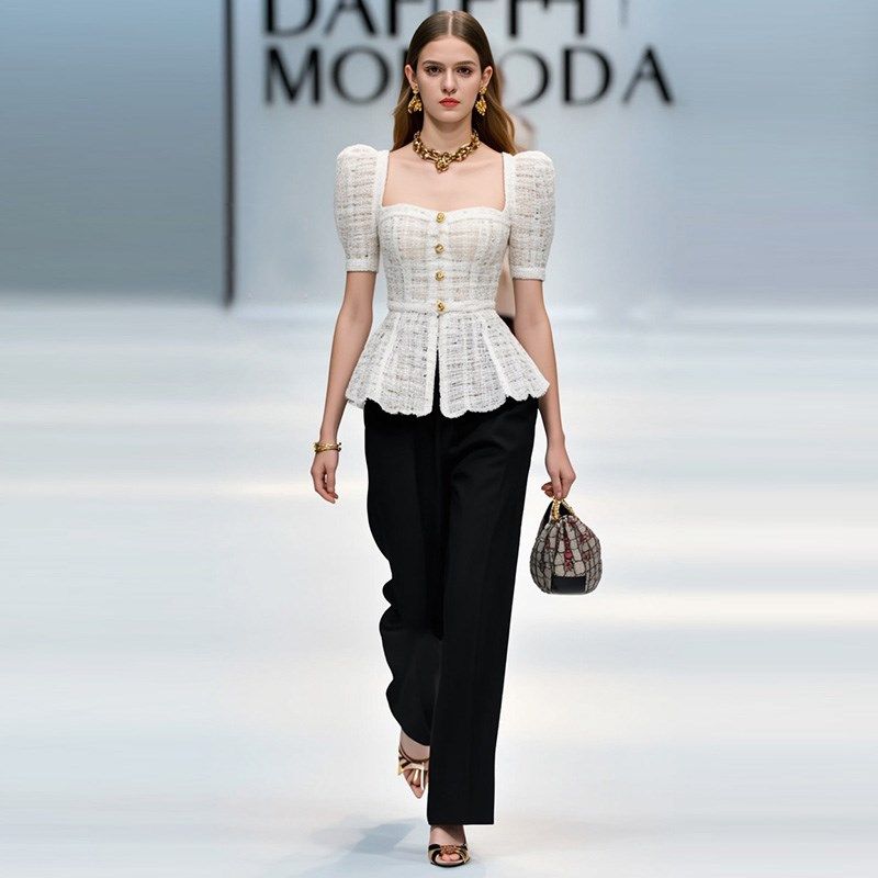 2025夏季新款气质方领泡泡袖收腰波浪摆上衣高腰长款直筒西裤套装