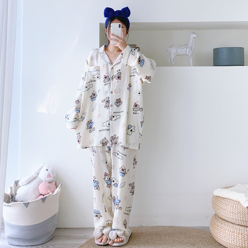 开衫狗狗纯棉双i层纱布睡衣女长袖加大码简约宽松胖MM200斤家居服