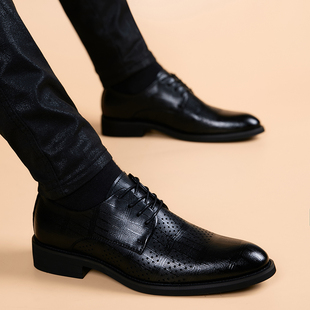 镂空皮鞋 尖头内增高英伦休闲皮凉鞋 男士 真皮透气商务正装 韩版 夏季