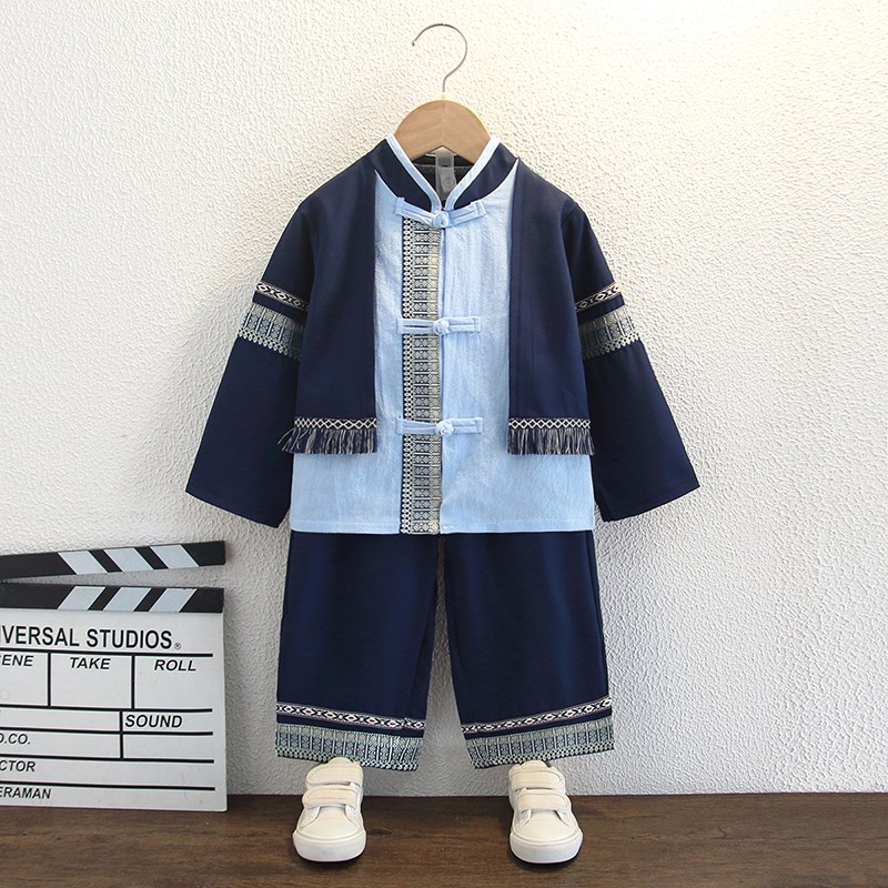 广西三月三民族服装儿童长袖壮族套装幼儿园演出汉服男童棉麻套装