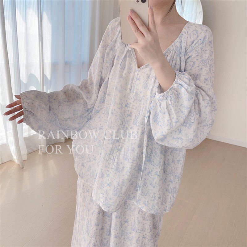 四季全棉双层纱婴儿棉简约线条兔兔F清新阔版宽松睡衣家居服套装
