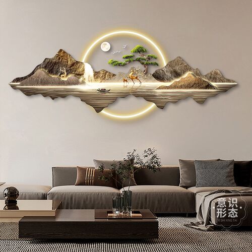 流水生财客厅装饰画大气轻奢沙发背景墙挂K画高级感led氛围灯壁画