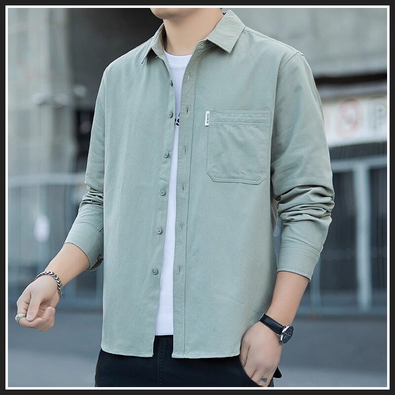 夏季薄款长袖衬衫男士纯棉宽松休闲上衣外套2024新款潮牌工装衬衣