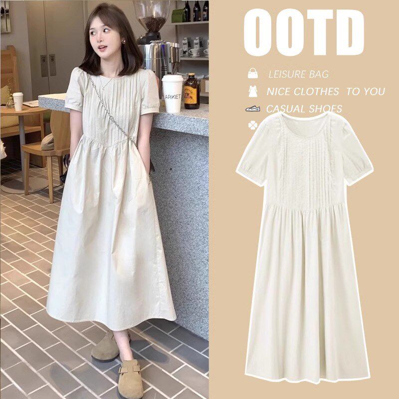 孕妇夏装连衣裙短袖圆领气质长裙2024新款夏季小个子宽松遮肚韩版
