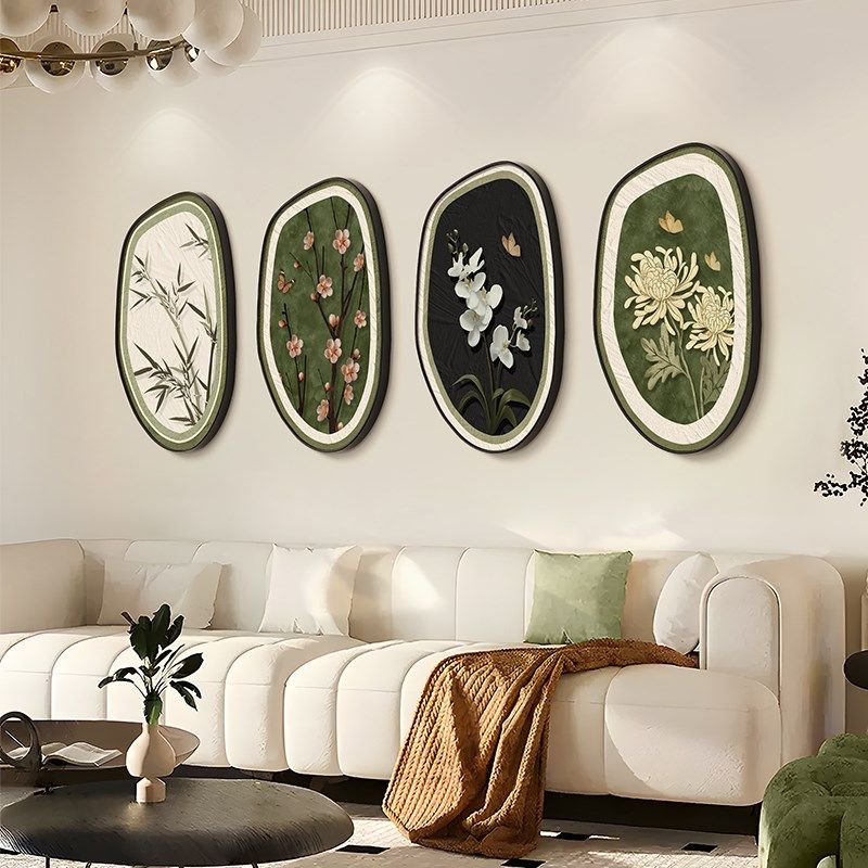 中古风梅兰竹h菊客厅沙发背景墙装饰画挂画高级感法式复古餐厅壁