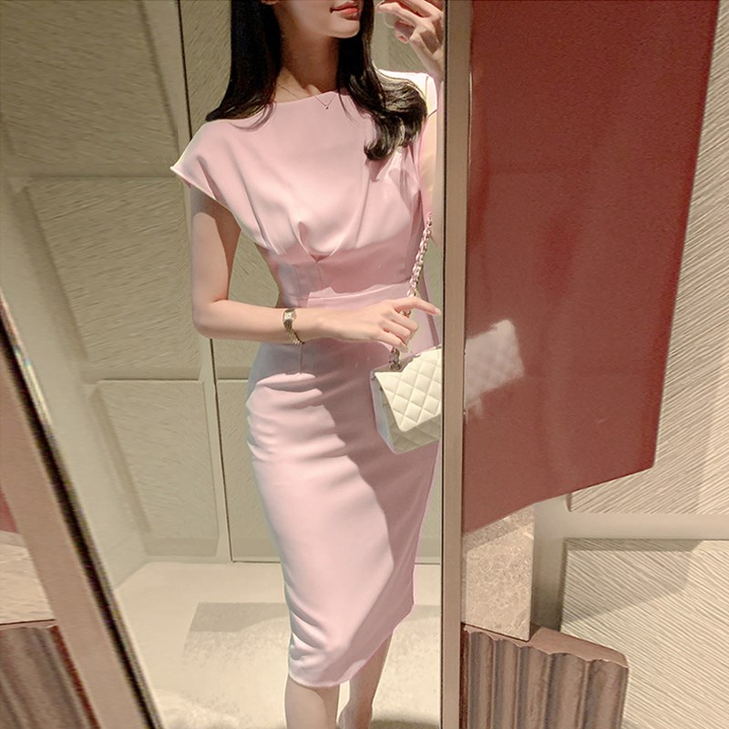 粉色连衣裙女职业通勤2024夏季新款气质紧身收腰包臀裙中长款裙子