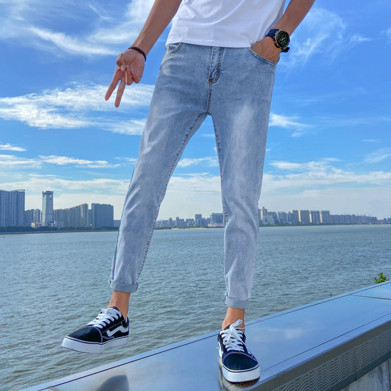 秋季新款浅色九分牛仔裤男潮牌韩版潮流修身小脚裤男士休闲长裤子